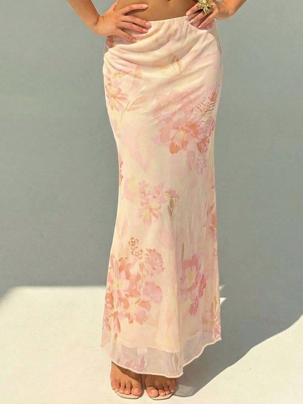 Beige Boho Women's Elegant Floral Print Low Waist Mermaid Maxi Skirt